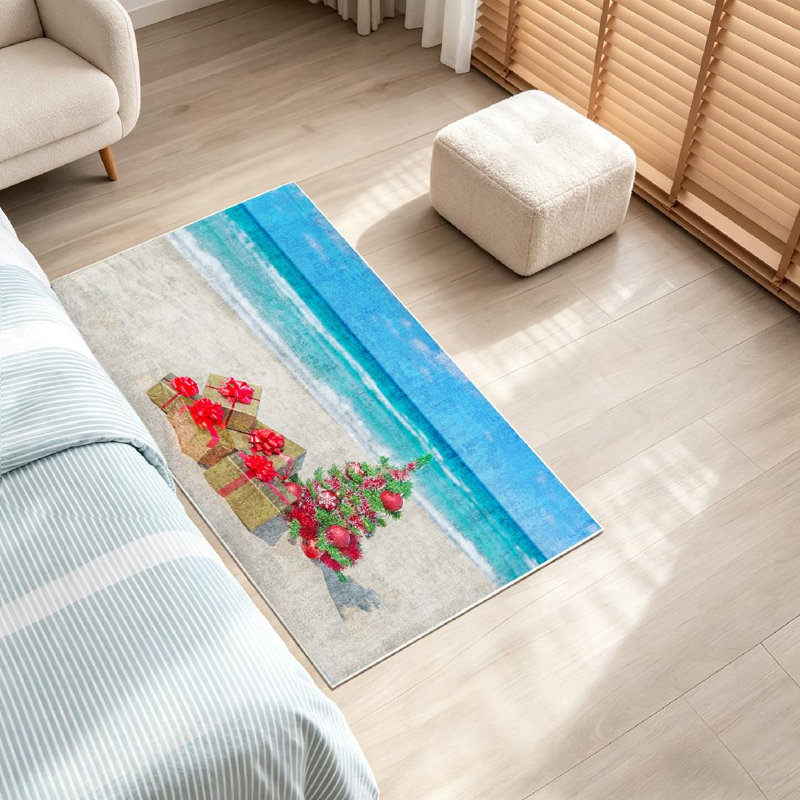 Tapis de Noël rouge lavable à la machine avec arbre de Noël et tapis doré, Rectangle 32 po x 47 po