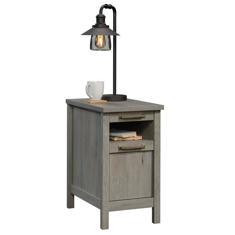 Table d'appoint spacieuse en bois avec 2 tiroirs coulissants et un tablier ouvert, gris