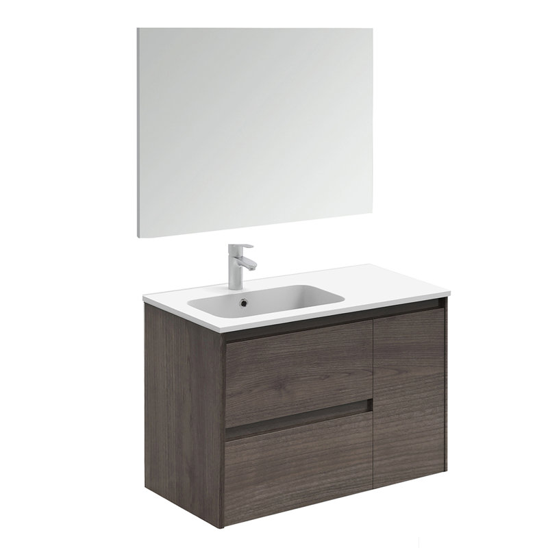 Ensemble de meuble-lavabo de salle de bain simple fixé au mur 36" avec miroir Ambra, Cendre de Samara