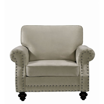 Classic Nailhead Trim Velvet Accent Chair with Solid Wood Turned Legs, Traditional Upholstered Armchair for Living Room