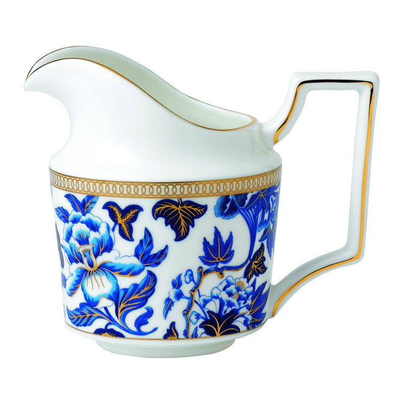 Blue Floral Bone China Creamer with Gold Accents