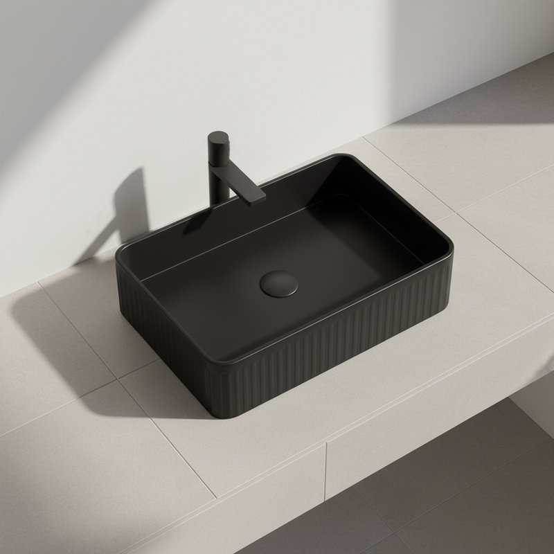 Black Rectangular Vessel Sink, 20" x 14" Ceramic Above Counter Bathroom Sink