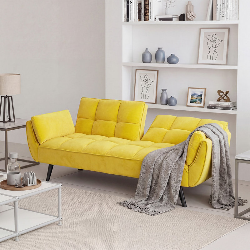 Canapé-lit multifonctionnel et capitonné minimaliste de 74 pouces Minimalist, Velours jaune