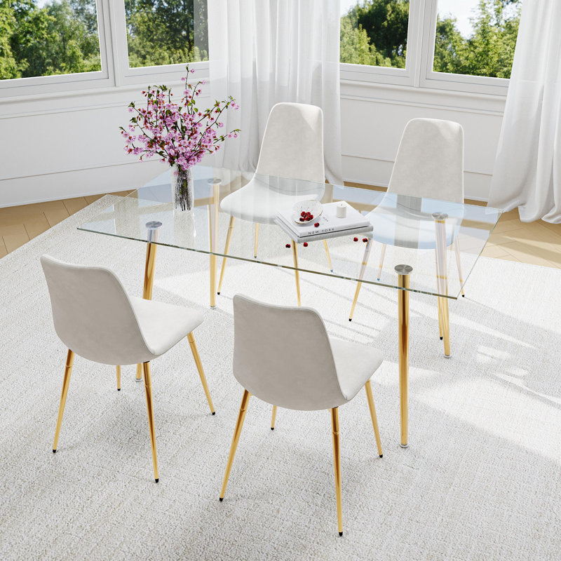 Ensemble de salle à manger à quatre pieds avec plateau en verre, 5 pièces: table, 4 chaises, Blanc / Doré