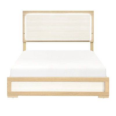 Contemporain, naturel et blanc, lit, tête de lit à panneau à DEL, papier 3D, bois d'ingénierie, mobilier de chambre à gratter, finition de sommier blanc, cadre de lit en bois, utilisation de teinture,