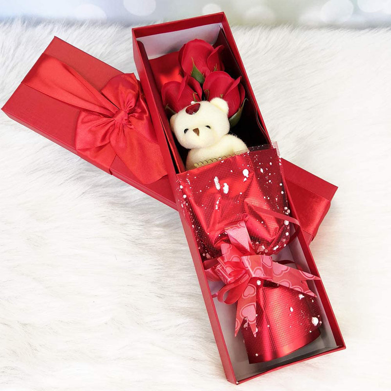 Bouquet de fleurs, boîte de 3 roses parfumées et savon avec un ours en peluche, fête des Mères, Rouge