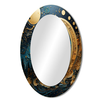 Moon Blue And Gold Cerulean Cycle Dreams I - Blue Oval Wall Mirror Decor