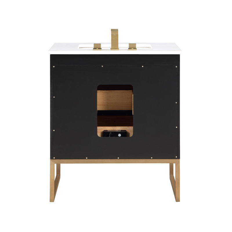 Markham 30'' Single Bathroom Vanity with Top, Midnight Black, Satin Brass, Universal Calacatta Quartz