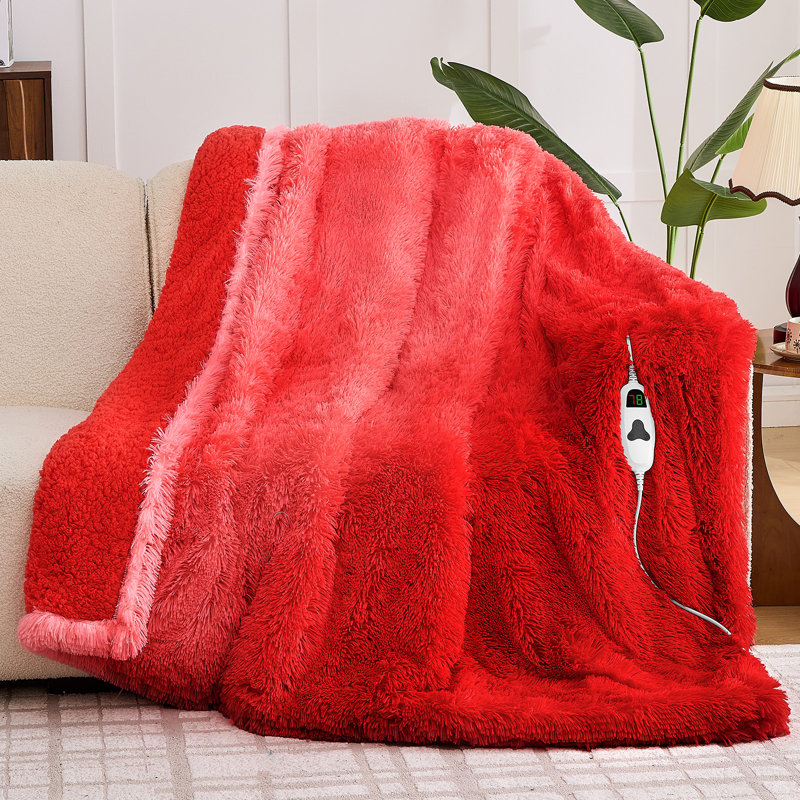 Jeté chauffant en molleton chauffant avec dossier en sherpa pelucheux, Lit double, Rouge