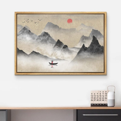 Paysage abstrait, "Aquarelle chinoise, pêcheur et montagnes, nature sauvage, illustrations, moderne, rustique" sur toile