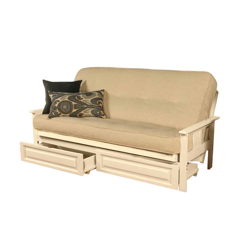 Stratford Full-Size Futon Frame Includes Storage Drawers and Mattress, Antique White, Canton Cream, Innerspring