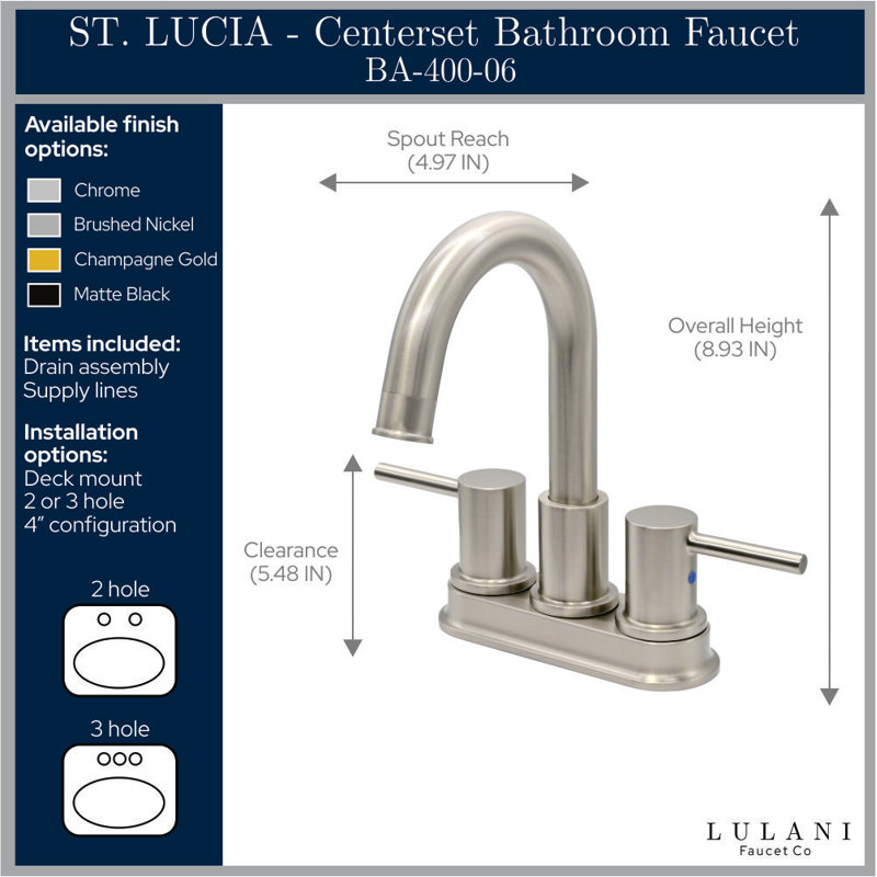 Robinet de salle de bain central avec drain Lulani St. Lucia, Nickel brossé