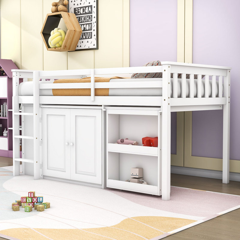 Lit mezzanine simple en bois avec bureau coulissant, armoire de rangement sous le lit, tablette latérale et tiroirs, Blanc
