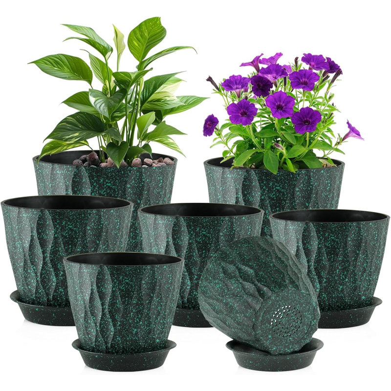 Ensemble de pots à plante en plastique noirs et mouchetés verts de 7 (7 / 6,5 / 6 / 5,5 / 5 / 4,5 / 4 pouces)