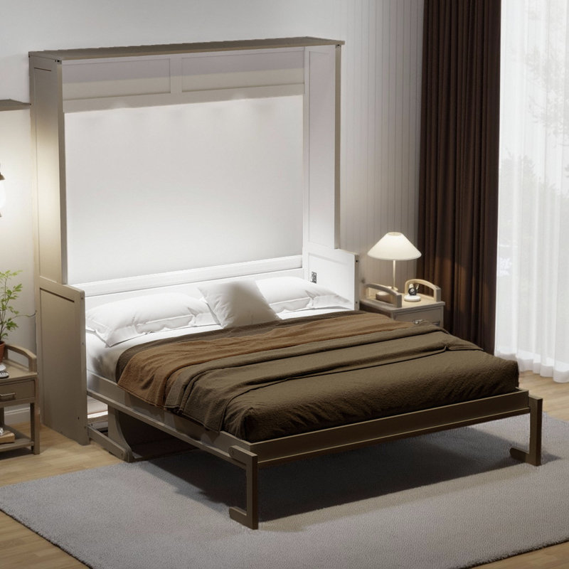 Grand lit escamotable avec bureau - Lit mural peu encombrant avec lumières DEL et charge USB, lit pliable d'une capacité de 600 lb pour les petits espaces, aucun assemblage requis