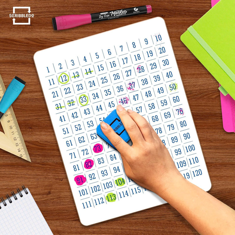 Scribbledo Dry Erase Number Chart 9”x12” White Board Teacher Student 100 Chart For First Grade Classroom Kid Small Math Practise Whiteboard Kindergarten 1st Grade School Supplies