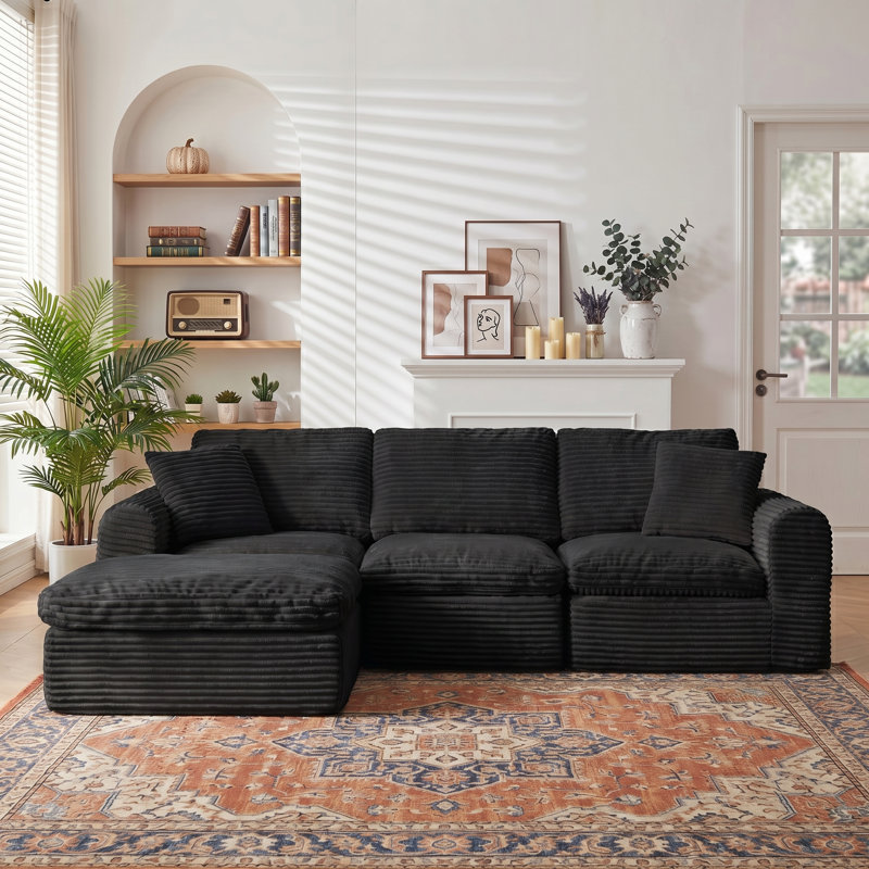 Canapé modulaire Boneless de 108 po pour le salon, canapé modulaire en L 4 pièces avec velours côtelé moelleux, assise profonde, emballage de compression, aucun assemblage requis