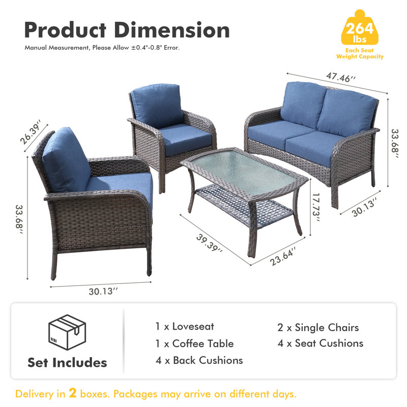 Ensemble de conversation avec canapé et coussins avec table basse et fauteuils en rotin et osier 4 pièces Jordanlee, Bleu