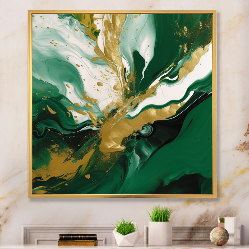 «Green and Gold Liquid Magic II», reproduction d'art sur toile encadrée, Doré, H 30 po x l 30 po