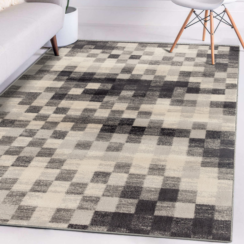 Tapis abstrait argent / noir Bethina, Rectangle 8 pi x 10 pi