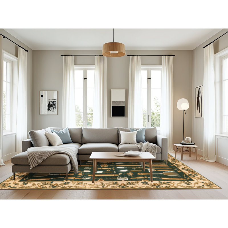 Machine Washable French Green Area Rug, Rectangle 8' x 12'