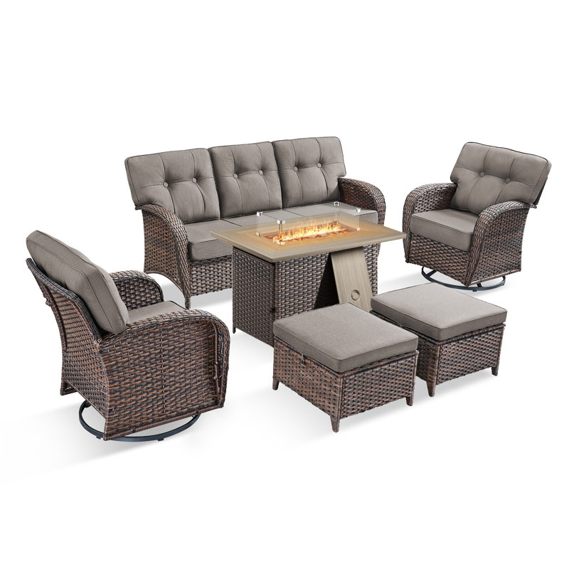 Ensemble de conversation pour patio en rotin 6 pièces avec table rectangulaire et chaises pivotantes Fiorillo, Gris
