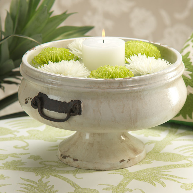 Corsica Distressed Beige Ceramic Pedestal Bowl with Iron Handles