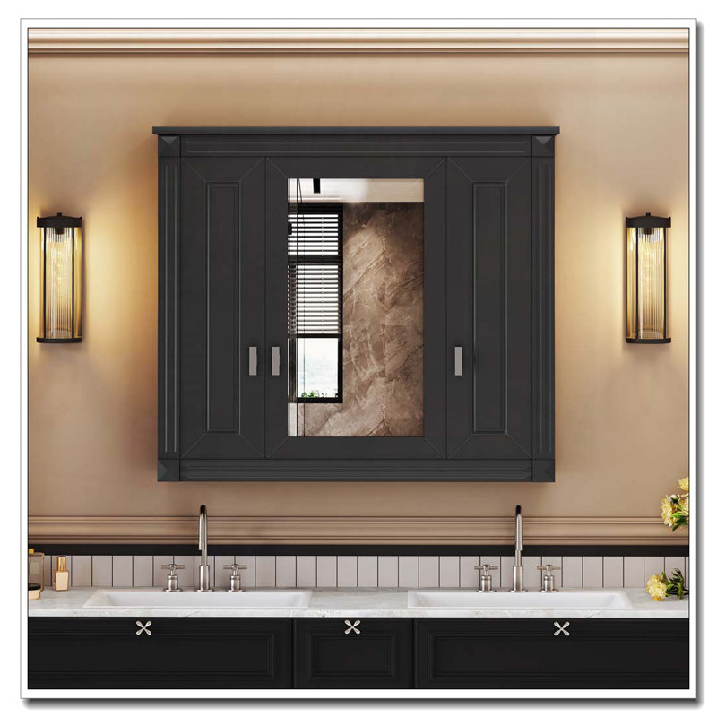 Bathroom Wall Cabinet with Mirror, Wall Mounted Medicine Cabinet with 4 Shelves, Black