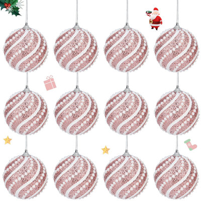 12 pièces de décorations d'arbre de Noël boule de Noël 3,15 pouces à rayures, décoration d'arbre de flocon de neige pour la maison intérieur extérieur, rouge