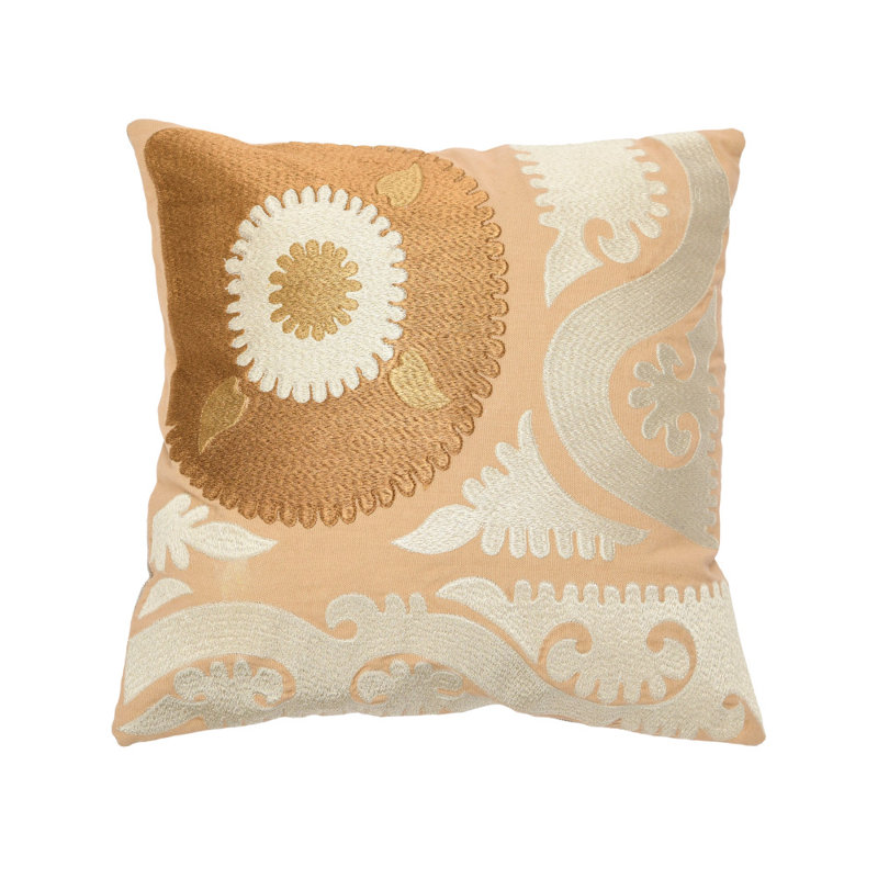 16" Beige and White Embroidered Cotton Throw Pillow