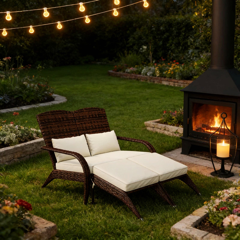 Chaise longue d'extérieur avec dossier haut, Blanc, crème, Mélange de bruns