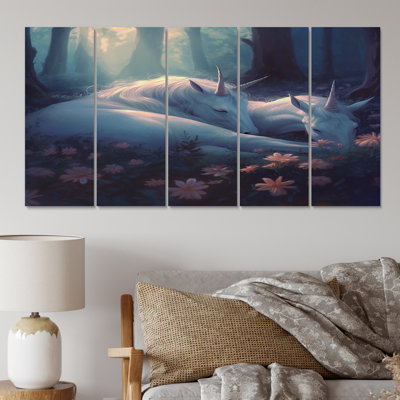 Cute Unicorns Sleeping Together In Flowerfield VI - Fantasy Unicorn Wall Decor - 5 Equal Panels