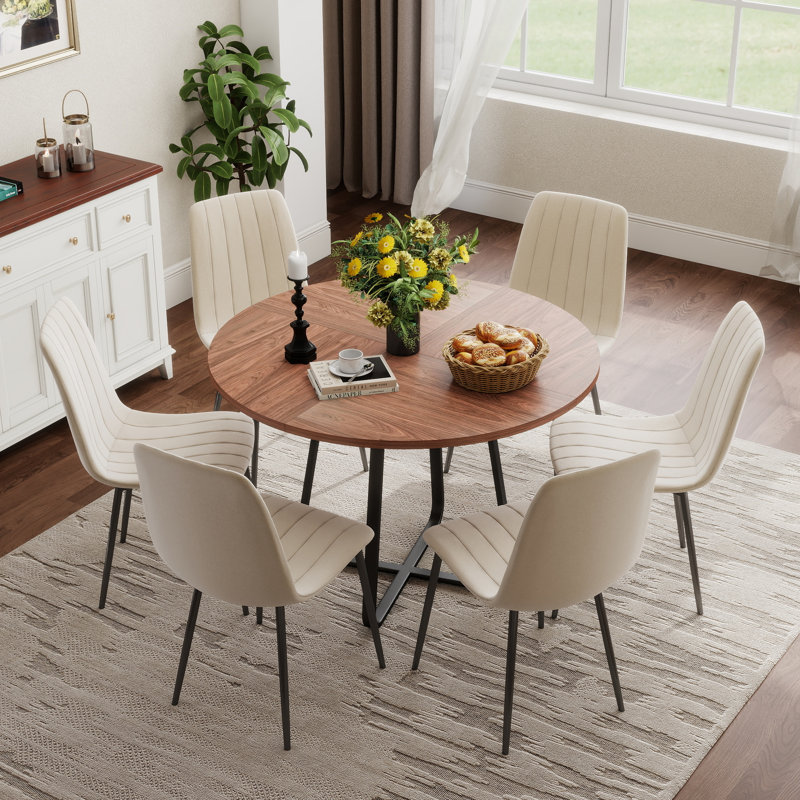 Ensemble de table de salle à manger de 43,3 po pour 4 à 6 personnes, plateau en panneau de fibres à densité moyenne, base en métal en forme de X, chaises à rayures verticales en velours, ensemble de salle à manger de cuisine moderne, assemblage fac