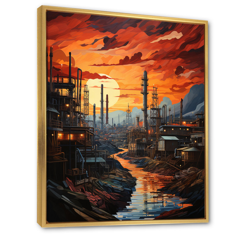 Semarang " Orange Oil Rigs Oil Odyssey ", Gold Floater Framed, 32" H x 24" W x 1" D