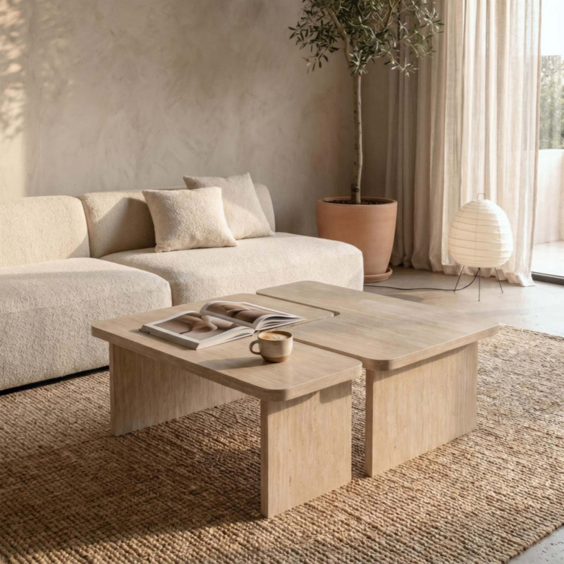 Ensemble de 2 tables basses modulaires en travertin, ensemble de tables gigognes en forme de L, table d'angle séparable pour les petits espaces et le salon