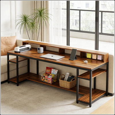 Bureau d'ordinateur spacieux pour deux personnes avec support pour écran ergonomique et rangement ouvert, parfait pour la maison ou le bureau