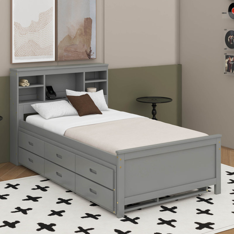 Lit plateforme simple avec tête de lit, USB, lit gigogne et tiroirs, Gris