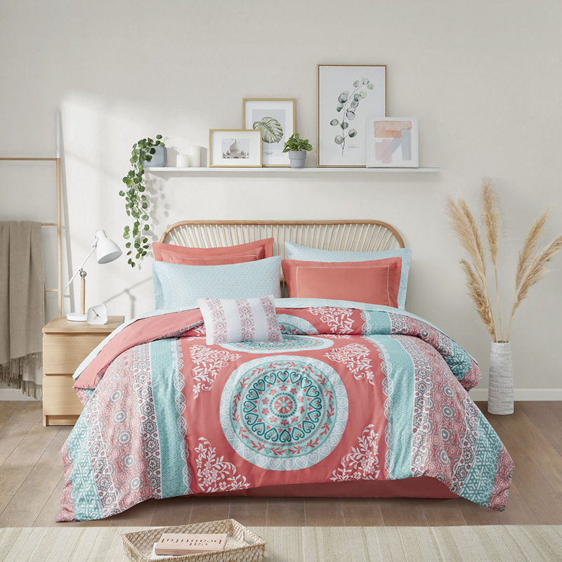 Boho Comforter Set With Bed Sheets, Coral Vintage Look, Twin XL Sheet Set