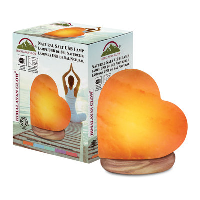 Himalayan Glow USB Salt Lamp, Multicolor Hand Carved Heart Shape Salt Lamp with Neem Wooden Base