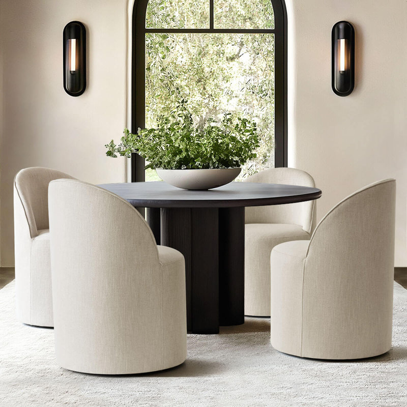Chaise de salle à manger rembourrée pivotante en tonneau avec roulettes cachées (ensemble de 4), Beige