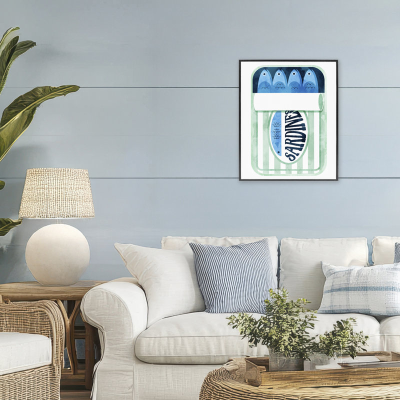 «Sardines in Striped Can», dessin par Lil 'Rue, H 20 po x l 16 po, Giclée encadrée noir minuit
