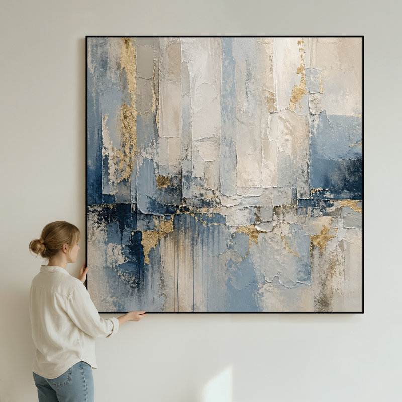 Très grand art mural imprimé sur tissu - Bleu abstrait bord de mer, décor de salon contemporain - "Assemblage requis (cadre non fini)"
