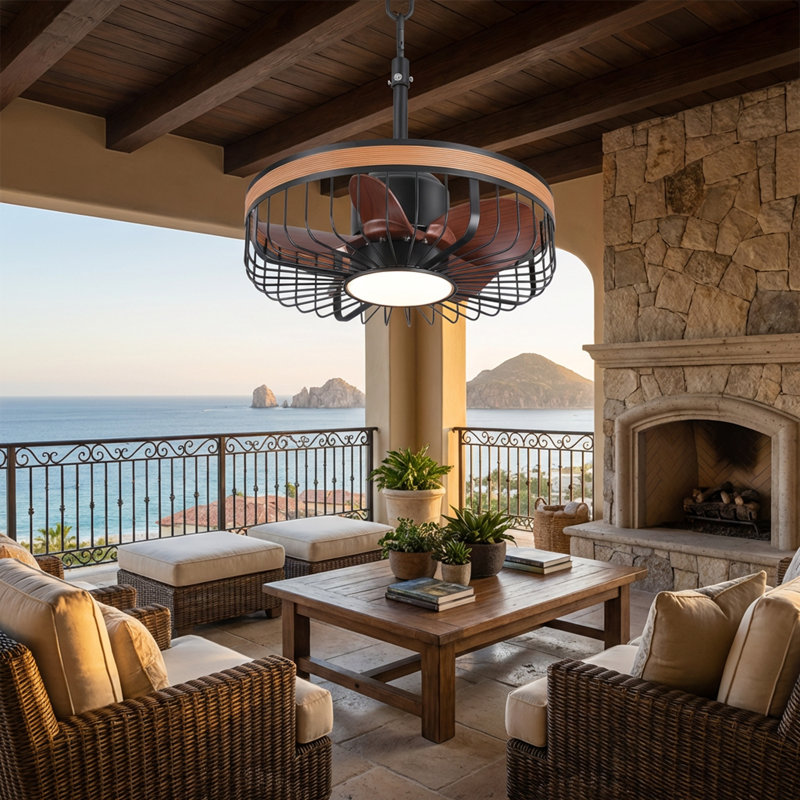 19" Outdoor Ceiling Fan with Light and Remote,IP44 Waterproof Design, 3-Color-Temp LED, Light Wood, Black
