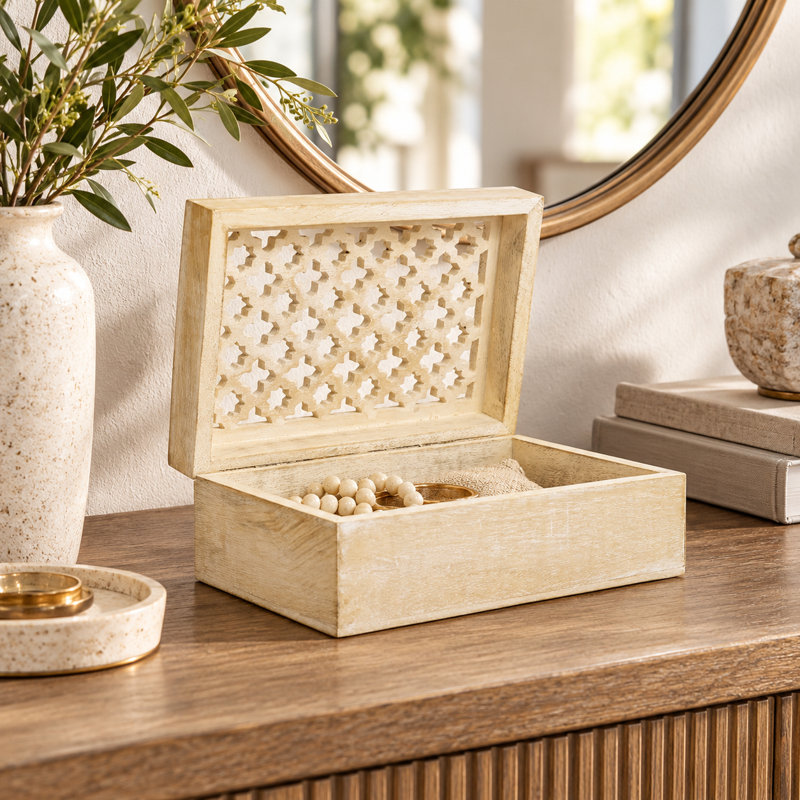 Boîte de rangement décorative en bois beige, fabriquée à la main, avec couvercle, H 3,5 po x l 9 po x P 6 po, Beige