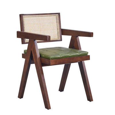 Diamour Solid Wood Rattan Genuine Leather Arm Chair Dining Chair