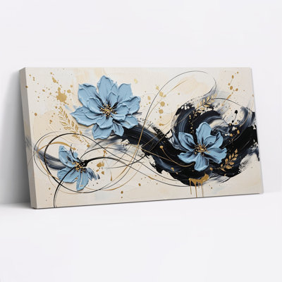 Tableau abstrait sur toile noire avec des fleurs bleues et des éclaboussures dorées