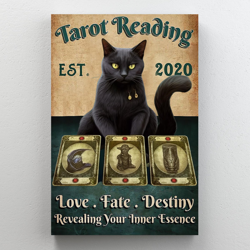 Tarot chat noir lisant, H 36 po x l 24 po x P 1,25 po