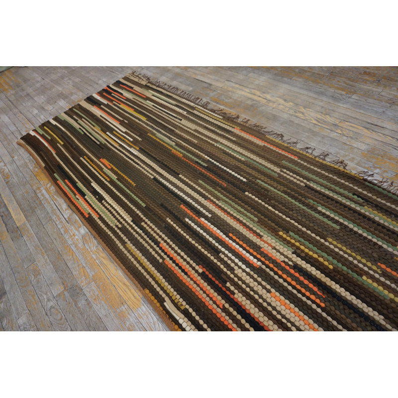Earthy Brown Color Striped Antique Braided American Hallway Runner Rug