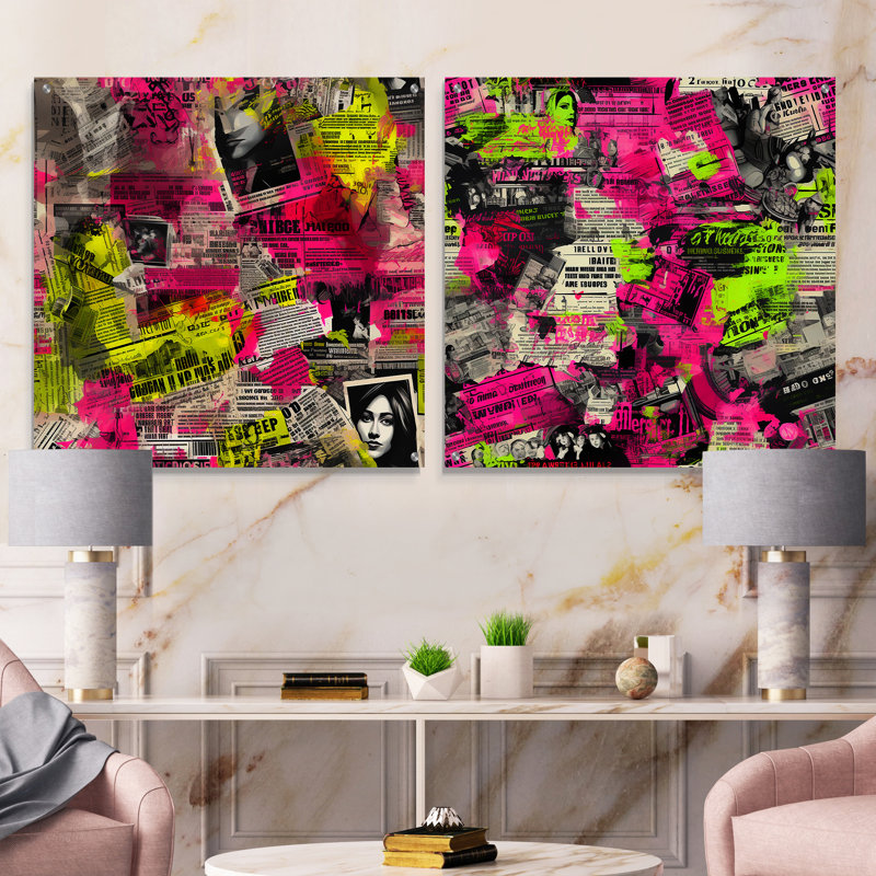 Popart néon rose journal collage - ensemble abstrait d'art mural en verre acrylique de 2, H 16 po x l 33 po