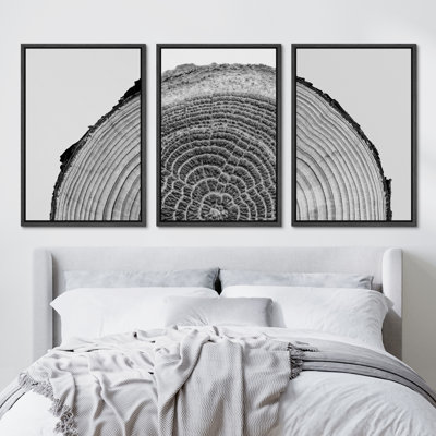 Black and White Wood Tree Rings Modern Neutral Framed Canvas 3 Pieces Pictures Print Wall Art